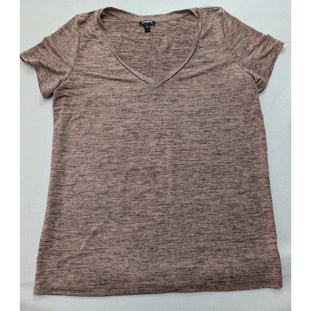 Express V-Neck T-Shirt Women Large Brown Excellent Space Dye Short Sleeve Knit